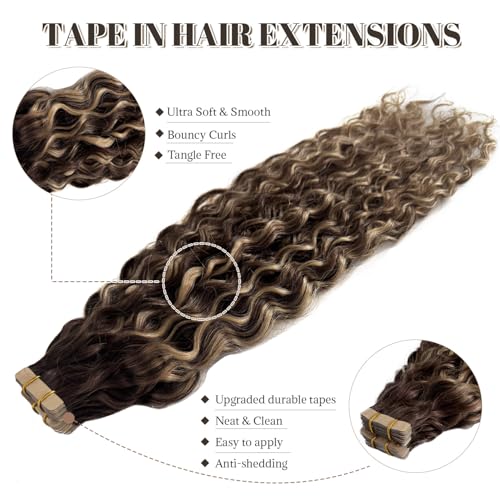 Water Wave Tape in Hair Extensions - Ombre Brown Honey Blonde Highlights, 14 Inch, 50g/Pack, 20pcs, Reusable Invisible Tape, Natural Remy Human Hair - Variation #4/27/4(WW)