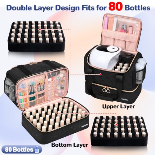 Large Capacity Nail Polish Organizer & Portable Storage Bag with Lamp - Black X Large