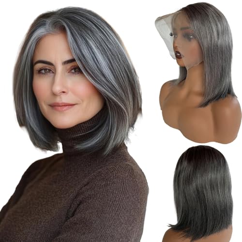 Straight Salt & Pepper Grey Short Bob Lace Front Wig 12 Inch - No Shedding