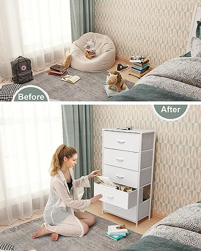 Tall Fabric Dresser with 5 Drawers - Wide White Vertical Storage Organizer