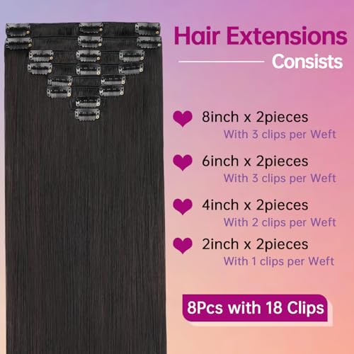 Clip in Hair Extensions 18 Inch Real Human Hair Seamless Natural Look - Variation 1B