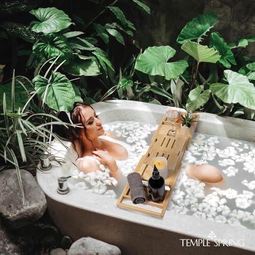 Foldable Bamboo Bathtub Tray Caddy - Expandable Wooden Bath Table with Wine & Book Holders - Space-Saving Bath Accessory - Housewarming Gift