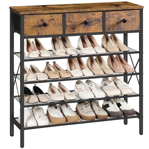 5-Tier Shoe Rack with 3 Drawers - Rustic Brown & Black, Metal & Wooden Storage Organizer