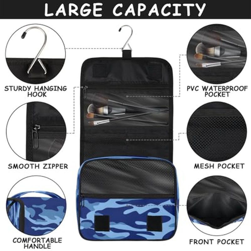 Blue Camouflage Hanging Toiletry Bag Waterproof Makeup Cosmetic Bag Travel Bag Organizer for Accessories Shampoo Full Sized Container Travel-Essentials Toiletry Bag