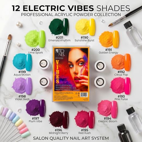 TONES Acrylic Powder Collection Vibes - 12 Shades Nail Art Set, Durable Finish