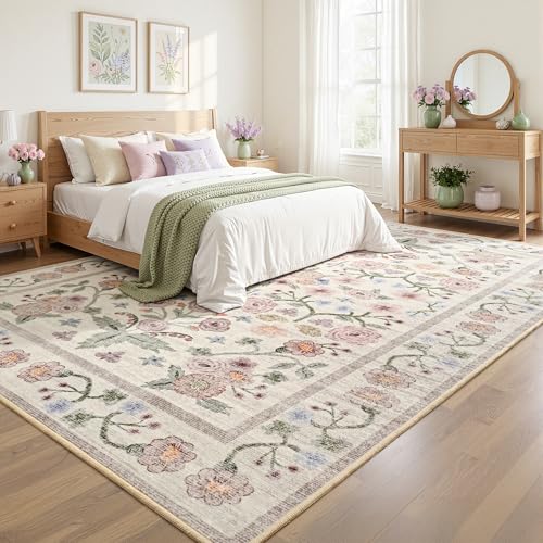 Pink Floral 6x9 Area Rug for Living Room & Bedroom Non-Slip Faux Wool