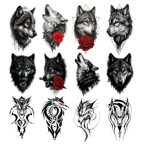 Temporary Tattoos for Men Realistic Fake Tattoo Sticker for Adults Women Teens Arm Body Chest Waterprooof Wolf 12 Sheets