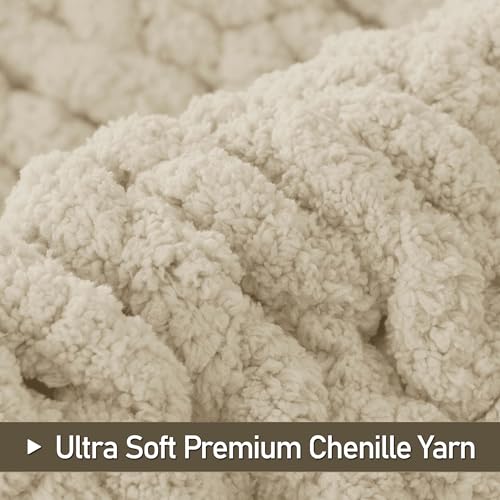 Beige Chunky Knit Throw Blanket 60x80 Inches - Handmade Chenille Bed & Couch Accessory