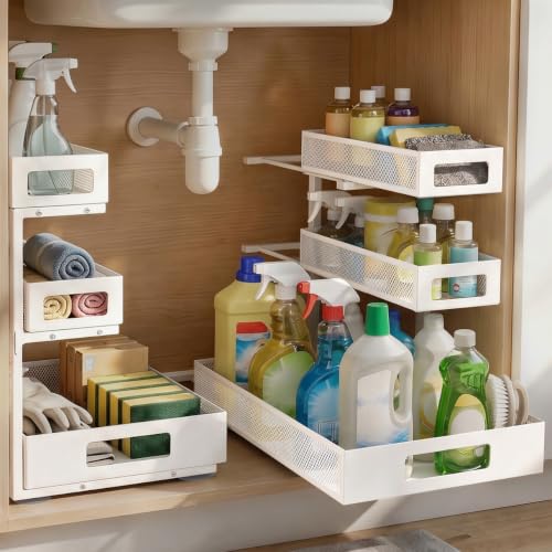 VYPIOAY 3-Tier Under Sink Organizer White 2 Pack - Pull Out Bathroom Cabinet Storage