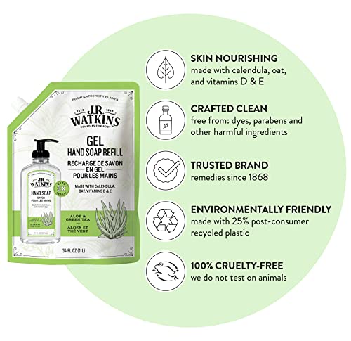 J.R. Watkins Aloe & Green Tea Gel Hand Soap Refill Pack of 3, 34 fl oz Each
