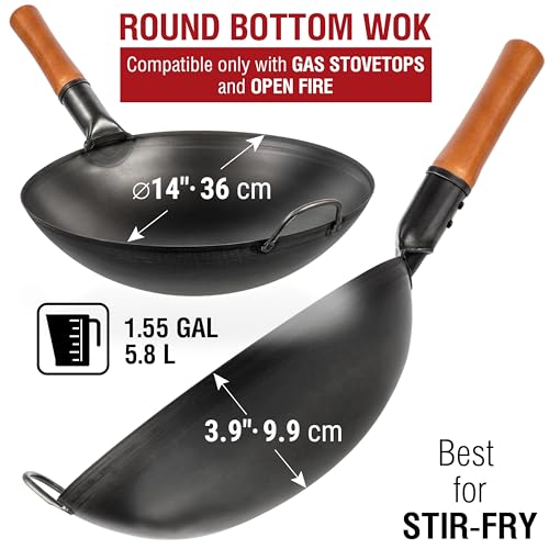 YOSUKATA 14" Carbon Steel Wok Pan Set - Pre-Seasoned, 17" Spatula &