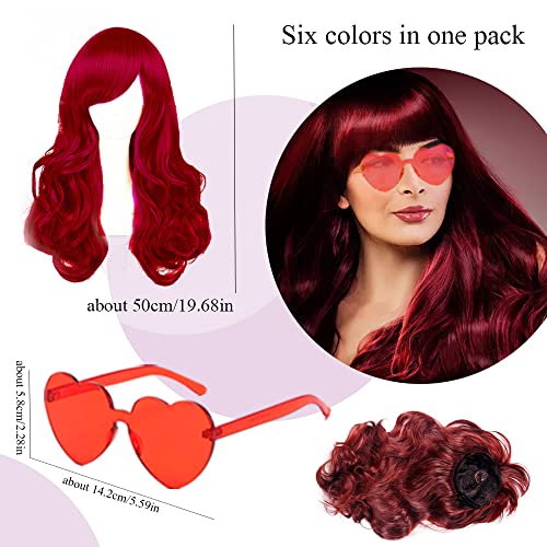 Neon & Curly Color Wigs 6 Pack with Glasses - Blue, Green, Orange, Purple, Pink, Wine Red