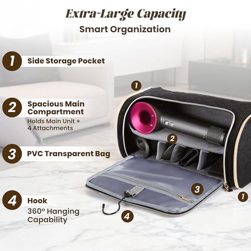 All-in-One Airwrap Travel Bag & Organizer | Large Capacity Padded Case for Dyson Airwrap & Shark FlexStyle Stylers, with Customizable Dividers & Side Pockets (Black)