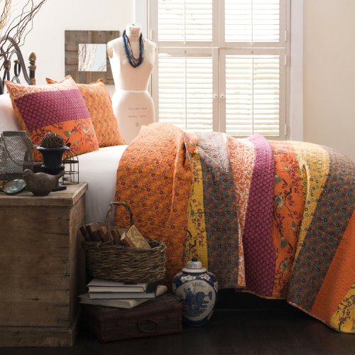King Reversible Cotton Quilt Set - Tangerine Striped & Floral Bedding - Boho Decor