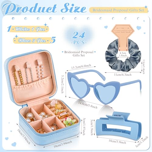 Bridesmaid Proposal Gift Set with White and Blue Accessories - Satin Scrunchies, Jewelry Boxes, Heart Sunglasses, Hair Clips