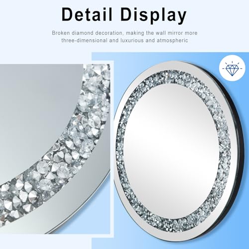 28x28 Inch Crystal Crushed Diamond Round Wall Mirror - Silver Home Decor with Variation 28L x 28W
