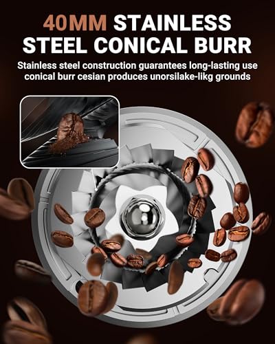 Coffee Grinder with 48 Settings, Anti-Static, Stainless Steel Burrs - Metallic Silver