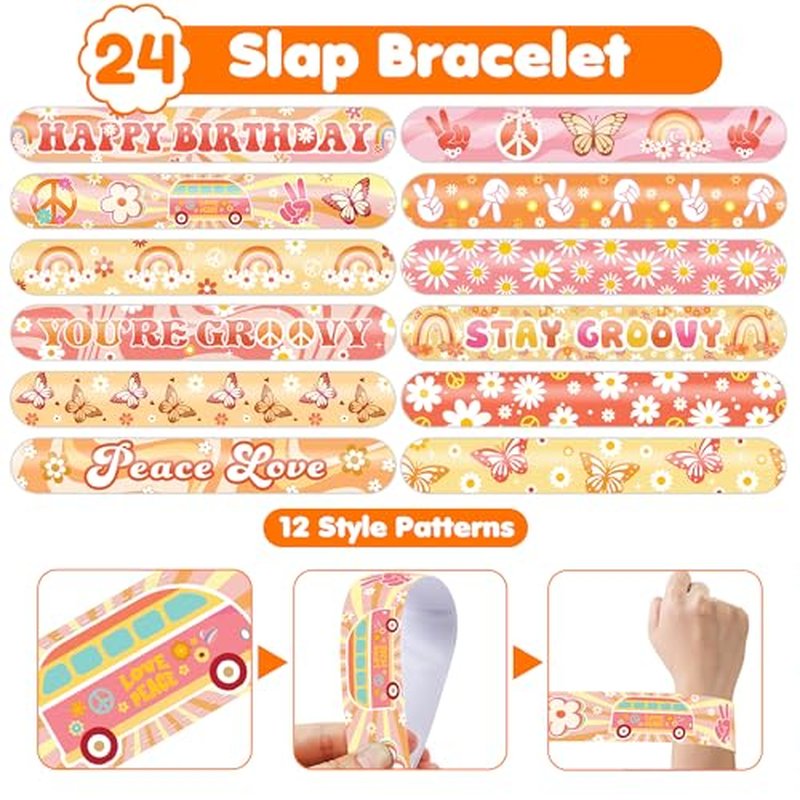48PCS Groovy Party Set - 24PCS Temporary Tattoos & 24PCS Slap Bracelets - 70s Retro Birthday Supplies, Baby Shower Gifts, Classroom Rewards & Party Decor for Kids (Boys & Girls)