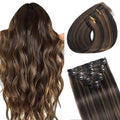 Clip in Hair Extensions 14 Inch Balayage Natural Black to Chestnut Brown - Seamless Human Hair