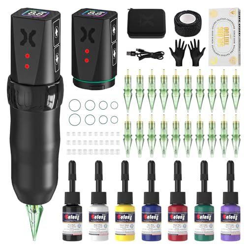 Wireless Rotary Tattoo Pen Starter Kit 2-Pack Batteries for Beginners - Includes 20 Needles & Ink