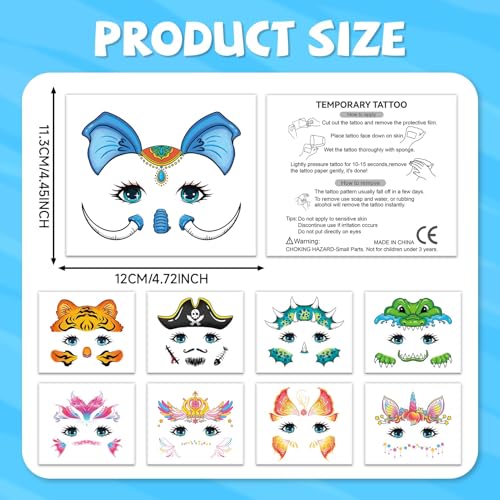 EMOME Face Tattoos for Kids - 24 Sheets Party Pack, Face Paint Tattoos Makeup for Boys and Girls Birthday Party Supplies Games, Face Tattoo Stickers for Kids Carnival Party Favors