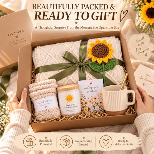 Sunflower Self Care Gift Basket for Women - Cozy Blanket, Fuzzy Socks & More