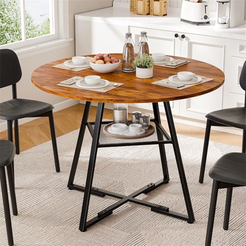 DUMOS Vintage 42-Inch Round Dining Table with Dual-Tier Storage