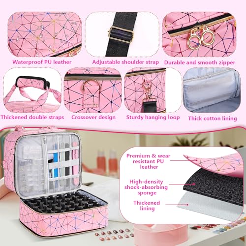 Nail Polish Organizer Bag,3-layer Pink PU Leather Nail Organizer and storage,Holds 84 Bottles of Nail Polish and Nail Lamp,Large Holder Travel Carrying Case.