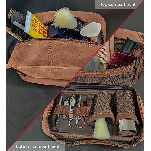 RUSTIC TOWN Leather Toiletry Bag - Waterproof Ditty Kit for Men and Women, Travel Organizer for Full-Size Essentials, TSA Approved