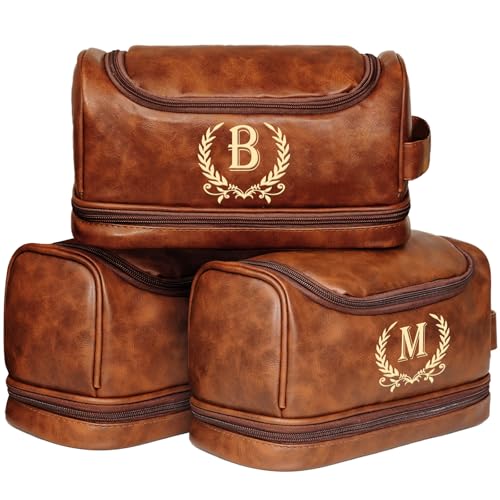 Personalized Leather Toiletry Bag for Men Brown Travel Organizer - Custom Initial Gift