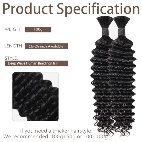 DB #1B Human Hair Extensions 18 Inch Deep Curly Wave Bundle for Braiding - Black