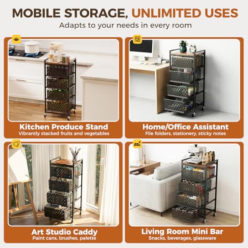 Black 5-Tier Kitchen Storage Cart with Wheels, Pull-Out Baskets & Wood Top
