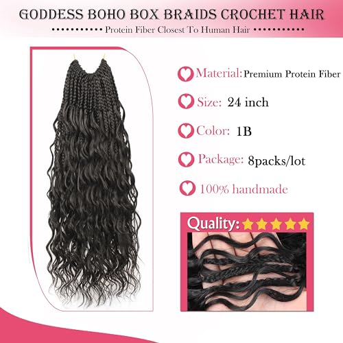 1B / 24 Inch Goddess Box Braids Crochet Hair - Natural Protein Fiber, Soft & Durable