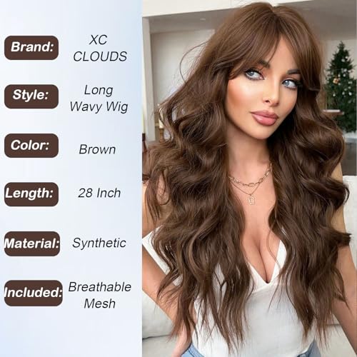 Highlight Brown Synthetic Wavy Wig with Curtain Bangs for Women - Natural Body Wave, 4x2