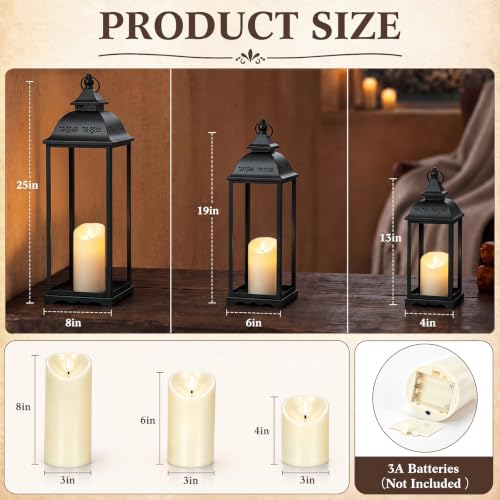 Kittmip 3 Pack Large Black Outdoor Lanterns with Flameless LED Candles - Farmhouse Decor for Porch Patio Fireplace