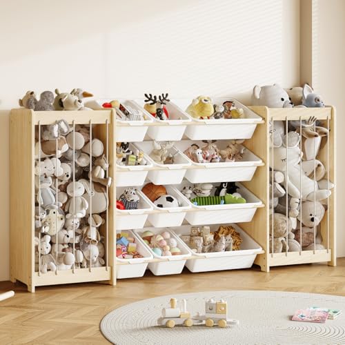 Large Wooden Toy Storage Organizer with 12 Bins & Plush Toy Holder - White, 64.4"L