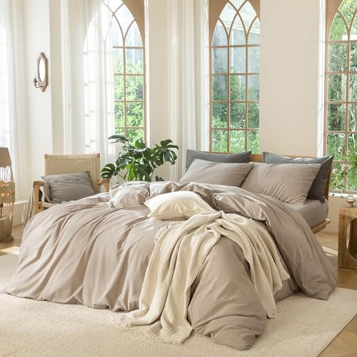 Oversized King Duvet Cover Set - Washed Cotton Linen Look in Heathered Taupe, 120x98