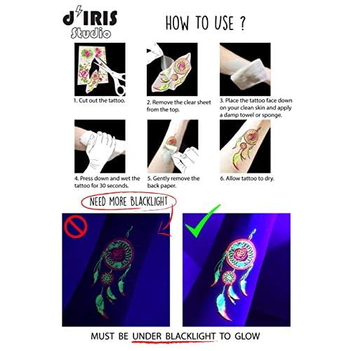 Temporary UV Blacklight Reactive Tattoos ? 1 Sheet Alien UFO Design Body Art Festival Accessories Glow in the Dark Party Supplies | 7.2¡± x 5.2¡± Temp Tattoos Great for EDM EDC Party Rave Parties