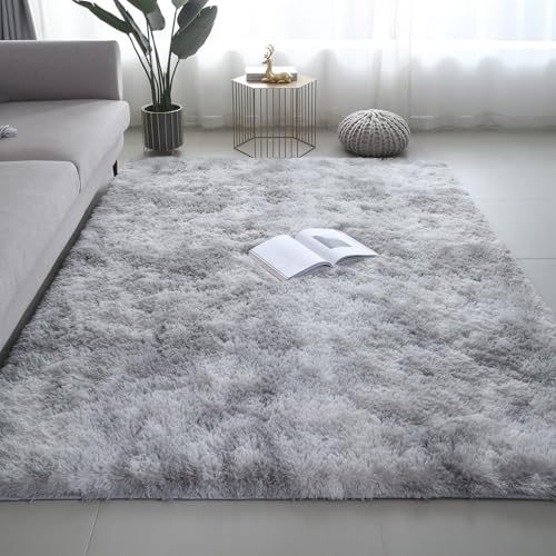 8x10 Grey Mottling Shag Area Rug for Bedroom Living Room Plush Fluffy Carpet - Tie-Dye Grey