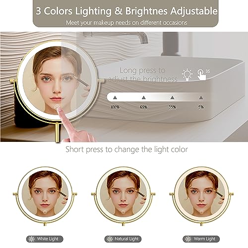 MIROAMZ 8-Inch Lighted Makeup Mirror with 10X Magnification & Adjustable Height - Gold
