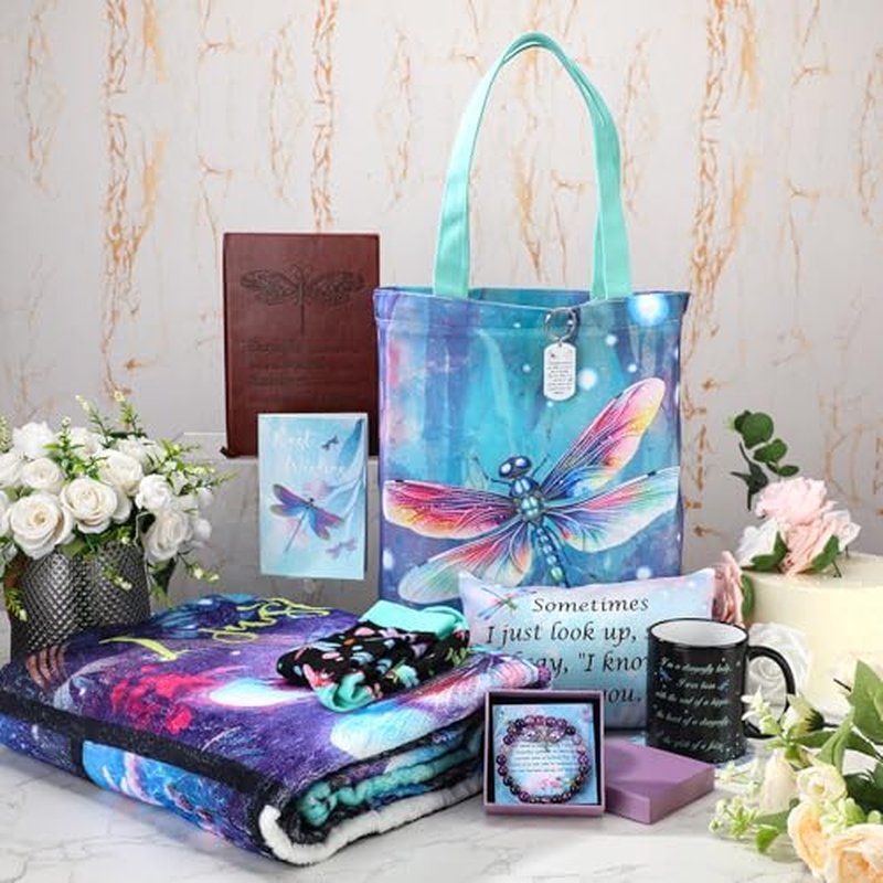 12 Pcs Dragonfly Gifts for Women Dragonfly Blanket Socks Bracelet Tote Bag Mug Cup Coasters Keychain Notebook Greeting Card Dragonflies Gift Set for Women Birthday Christmas