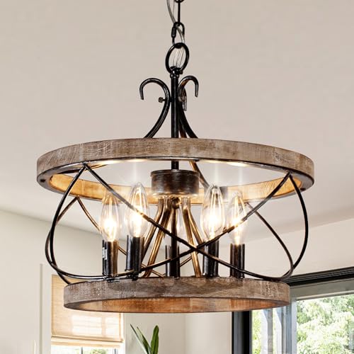 Farmhouse Wood Chandelier Light Fixture - 16 Inch Dining Room Pendant with 5 Bulb Holders - Wood-2