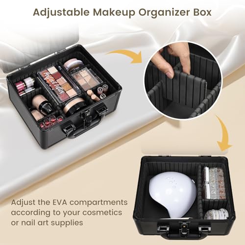 Makeup Case with Lighted Vanity Mirror, Makeup Organizer Box Travel Make up Case with LED Mirror Portable Cosmetic Train Case for Countertop Lockable Makeup Suitcase with Adjustable Dividers