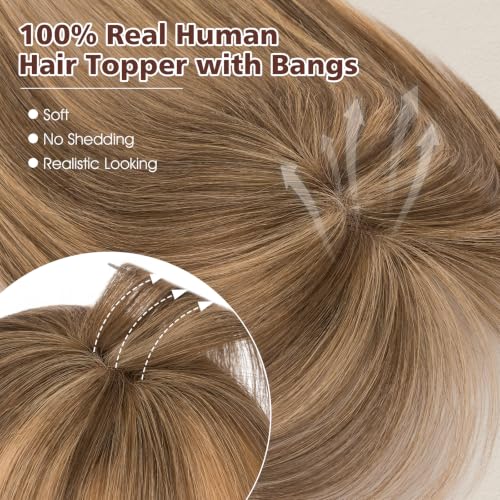 Rich Choices Human Hair Topper with Bangs, 10 Inch, Medium Brown & Dark Blonde Highlight