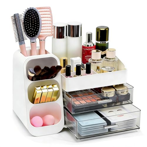 Makeup Organizer Countertop, Spacious Cosmetic Display Case with Makeup Brush Holder, Perfect Vanity Bathroom Organizer and Storage, White