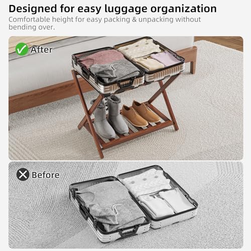 BAMBOOHOMIE 2 Pack Bamboo Luggage Rack with Storage Shelf - Brown