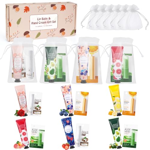 Lip Balm And Hand Cream Gift Set For Women, 6 Lip Balm Bulk + 6 Organza Bags + 6 Hand Lotion, Bridal Wedding Favor for Guests , Christmas Gifts Stocking Stuffers Teacher Appreciation Thank You Gifts