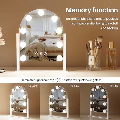 White-Arched Makeup Mirror with Lights, 3 Color Modes, Dimmable, 360° Rotation