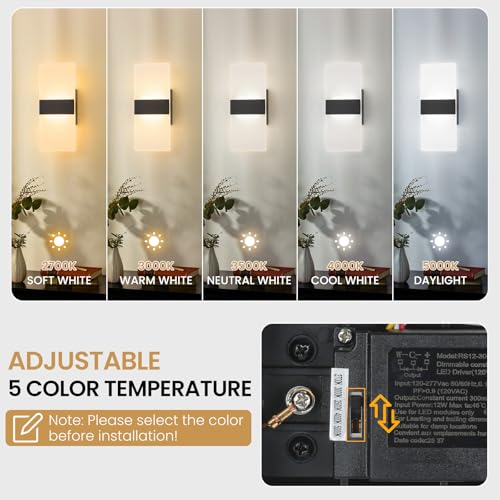 Black 4 Pack Modern Dimmable LED Wall Sconces Set of 4 - Adjustable Color Temp 2700K-5000K, Damp Rated, Hardwired Indoor Lighting