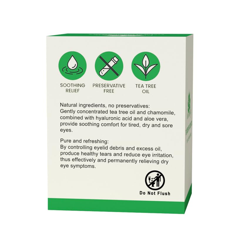 60 Pcs Tea Tree Oil Eyelid Cleansing Lash Wipes with Coconut Hyaluronic Acid Green Tea Chamomile Aloe Vera Itchy Stye Eyes Relief Natural Individually Wrapped Makeup Remover Daily Cleanser